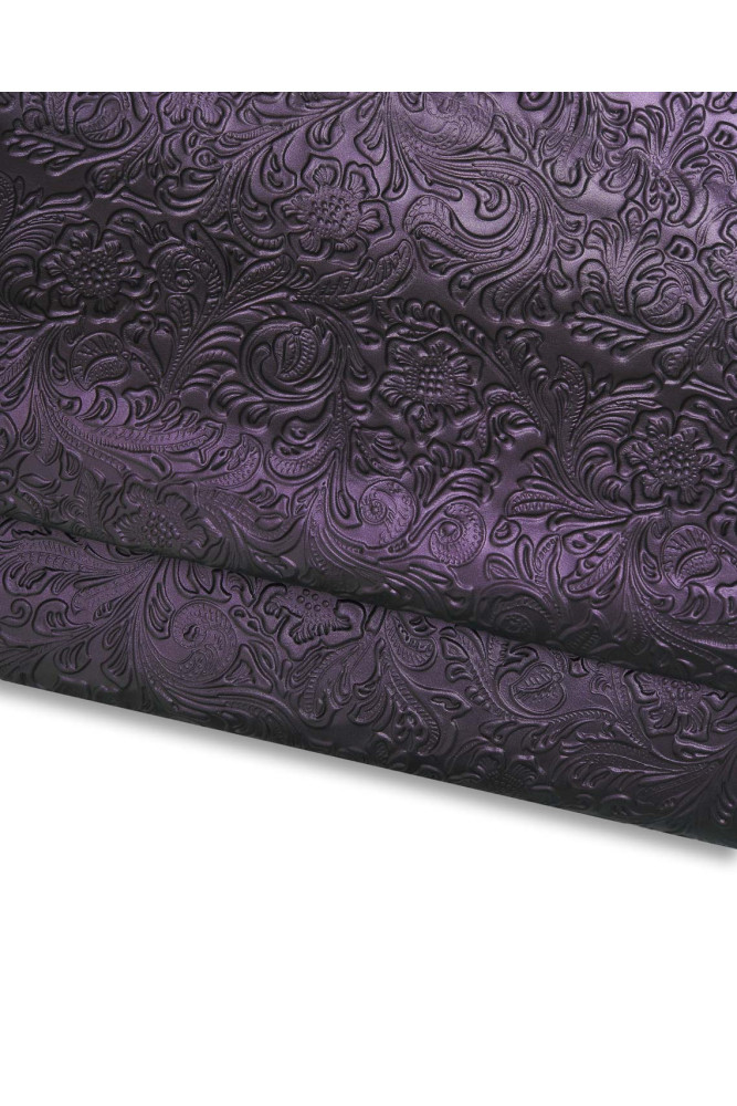 Iridescent FLORAL embossed leather hide, charro pattern on cowhide, flower print on soft green purple metallic calfskin