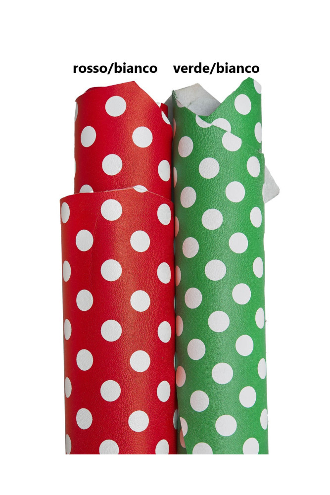 Polka DOTS leather skin, green white and red white circles texture on sheepskin vintage printed lambskin, soft