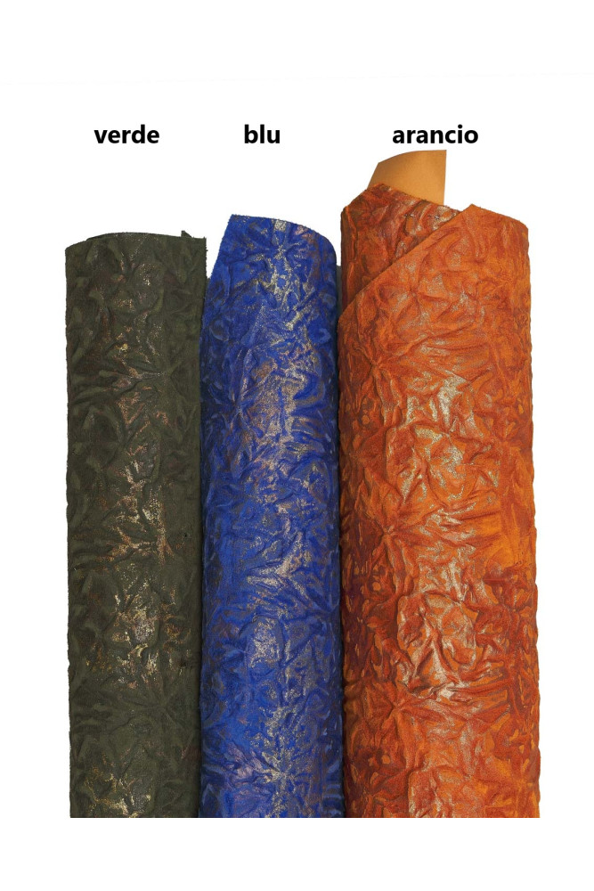 SPORTY leather hide, orange green blue cortex like embossed suede calfskin, soft vinatge split cowhide