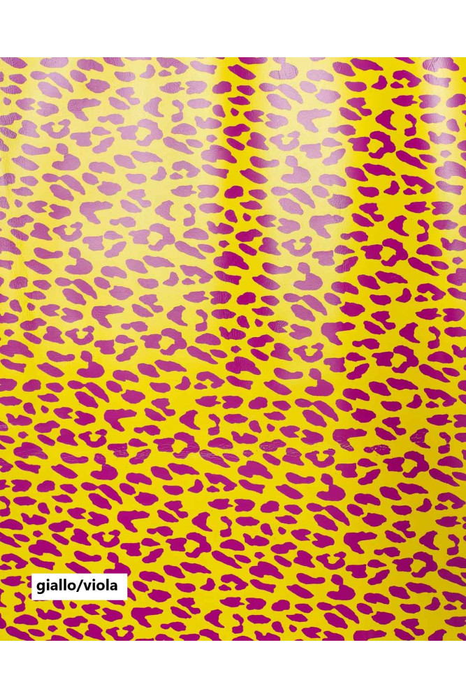 LEOPARD textured leather hide, purple cheetah print on yellow or white calfskin, bicolor glossy soft animal printed cowhide