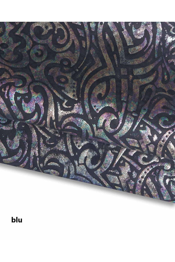 HOLOGRAPHIC printed leather hide, multicolor baroque pattern on blue or black cowhide, metallic soft calfskin