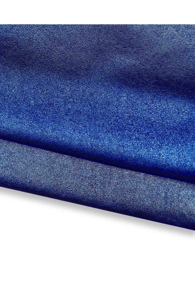 Pellame LAMINATO bluette, capra metallizzata stropicciata, pelle luminosa morbida blu elettrico 0.8 - 1.0 mm