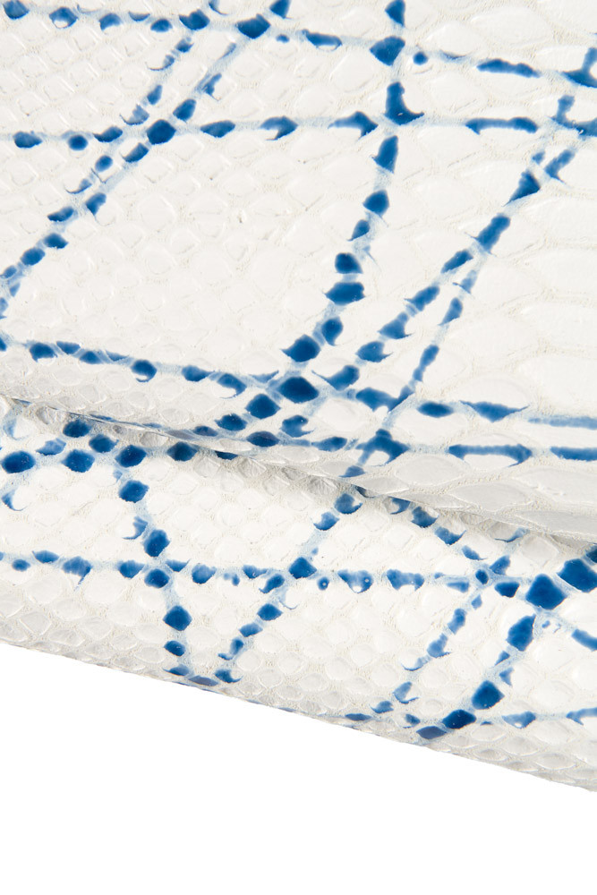 Sketch PRINTED leather skin, white python embossed goatskin with blue pattern reptile soft hide, 0.9 - 1.1 mm