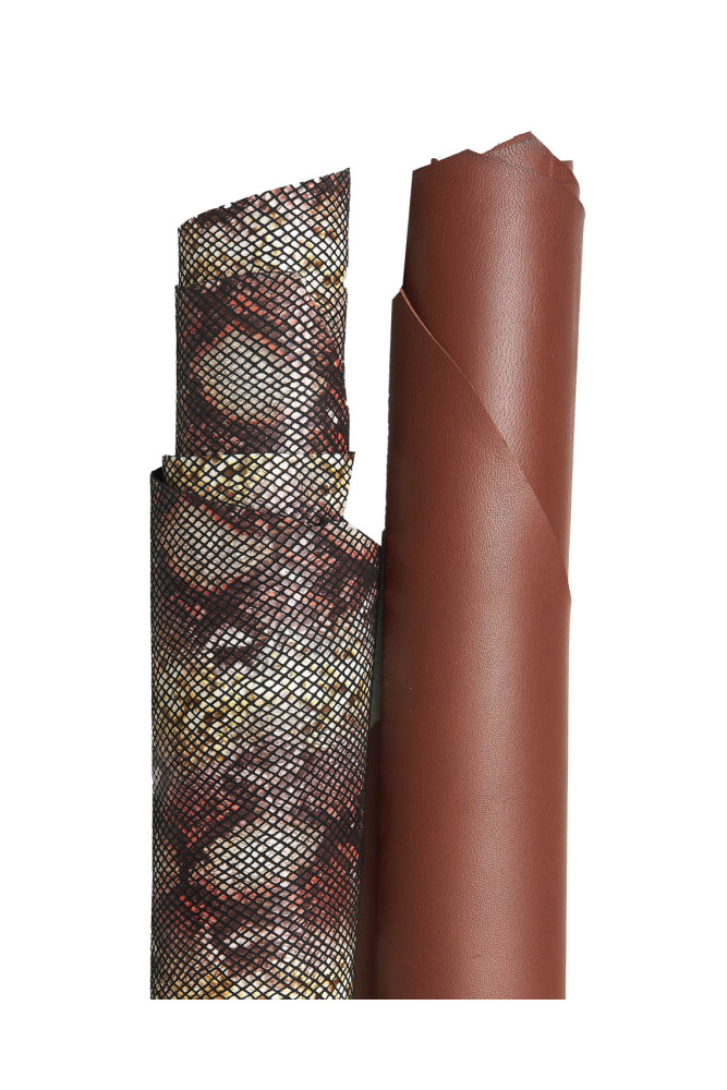 Pack of 2 BROWN leather hides, assortment of 1 python printed goatskin and 1 soft smooth nappa sheepskin