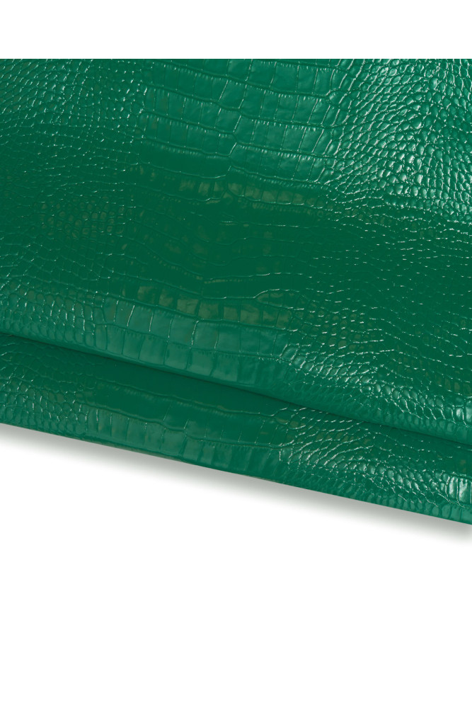 Green CROCODILE embossed leather hide, alligator pattern on glossy calfskin, printed cowhide 0.8 - 0.9 mm