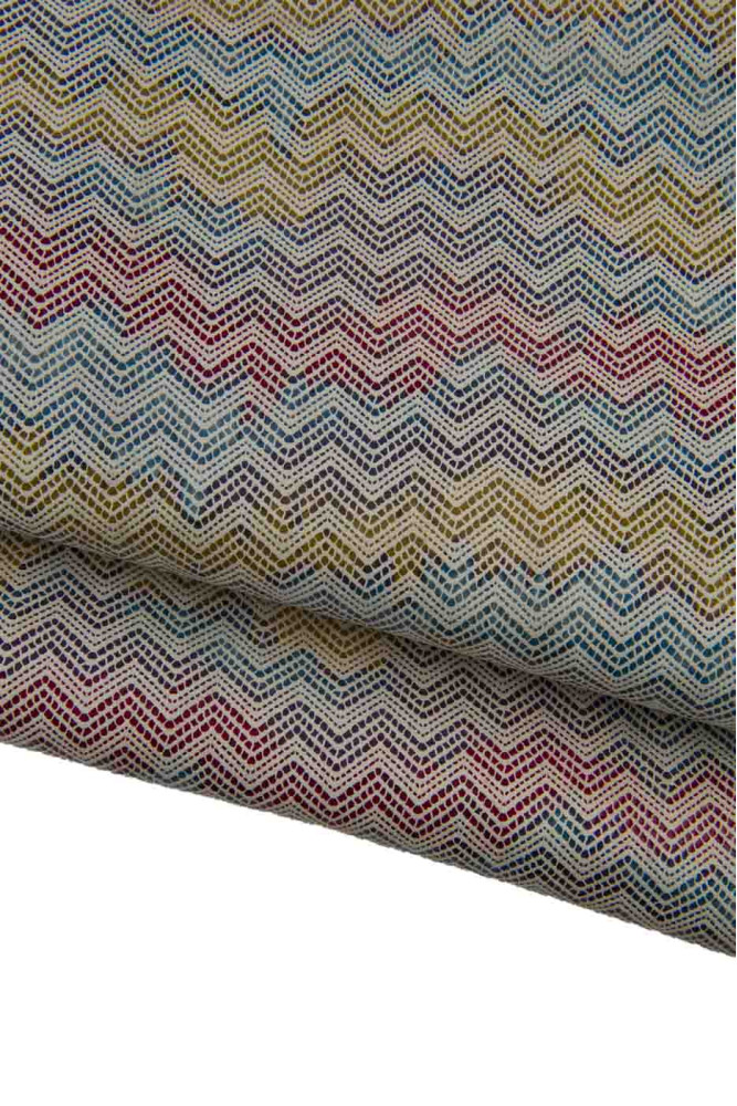 MULTICOLOR leather hide, zig zag wave print on suede glossy goatskin, colorful hide for DIY projects