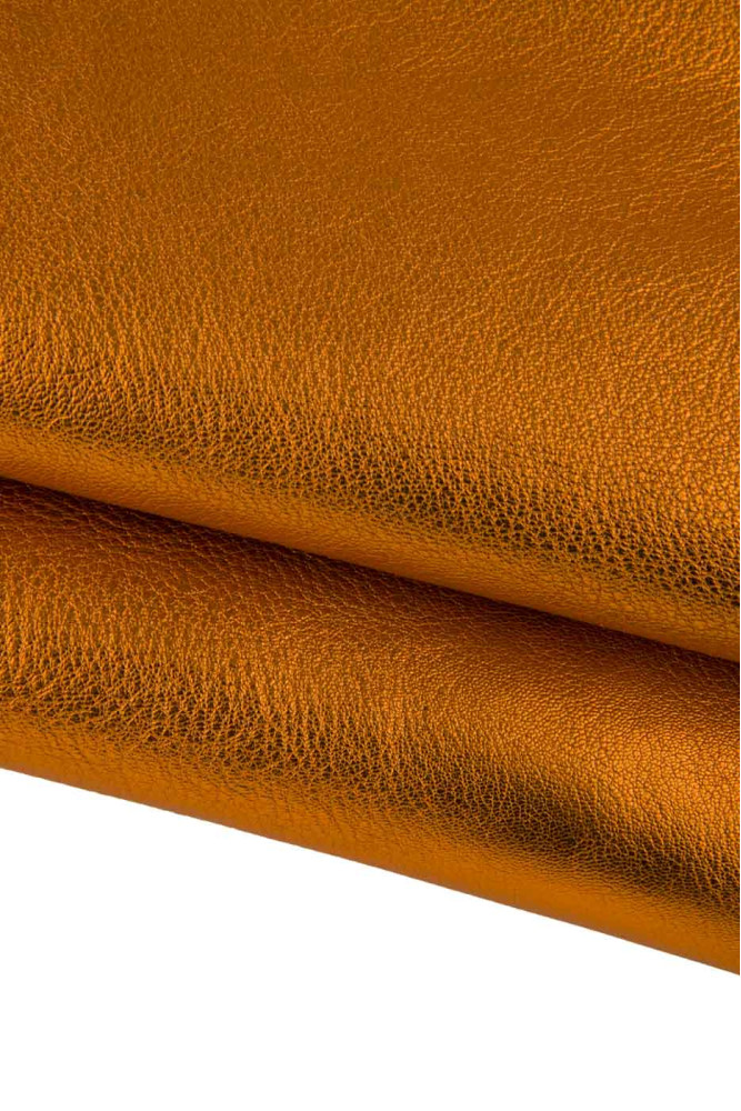 Orange METALLIC leather skin, pebblegrain printed soft goatskin hide, 1.1 - 1.3 mm for hobbyists