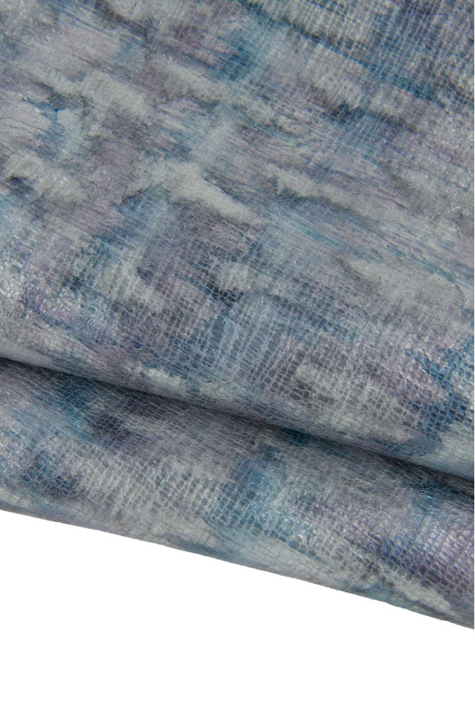 Blu epurple grey METALLIC printed goatskin, crackled textured leather skin, sparkle soft hide for hobbyists