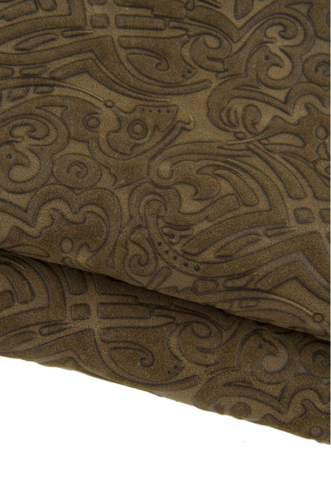 Brown PRINTED leather hide, oily split calfskin with maxi pattern, sporty suede cowhide