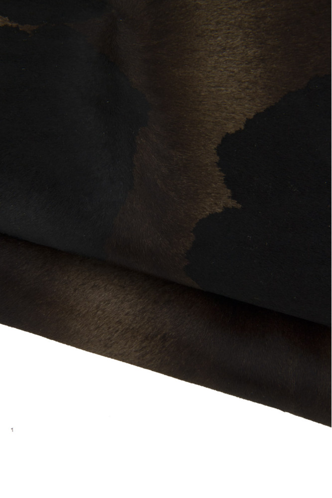 COW printed hair on leather hide, animal textured pony calfskin, brown black soft cowhide