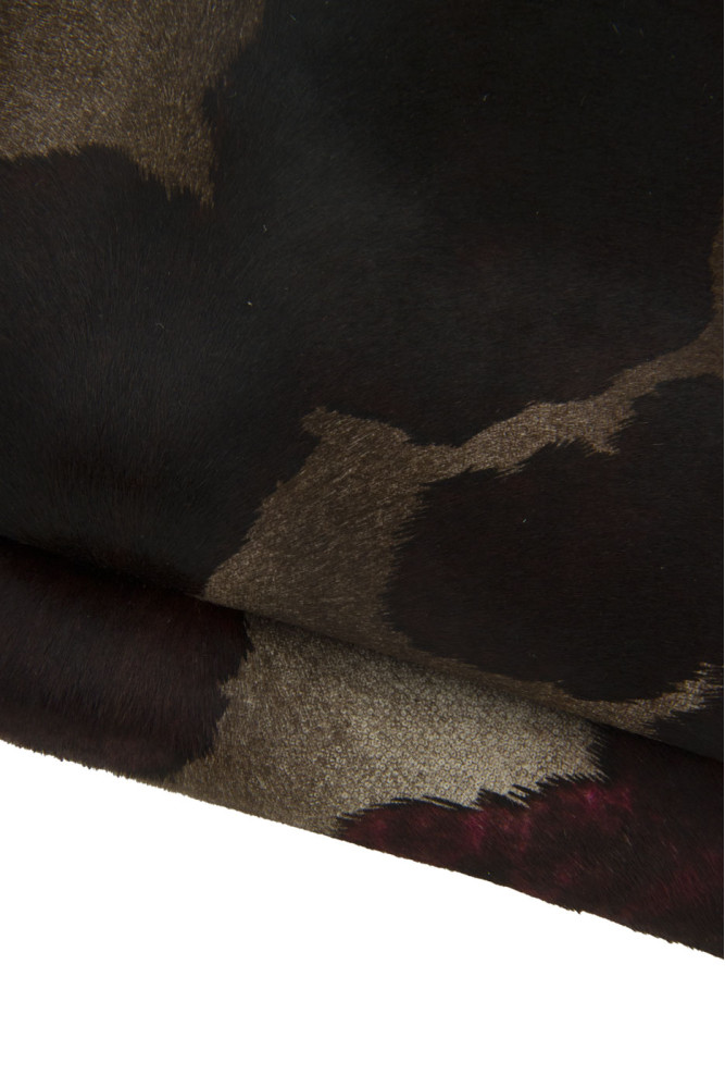 ANIMAL printed hair on leather hide, brown burgundy cow textured pony calfskin, luxurious cowhide