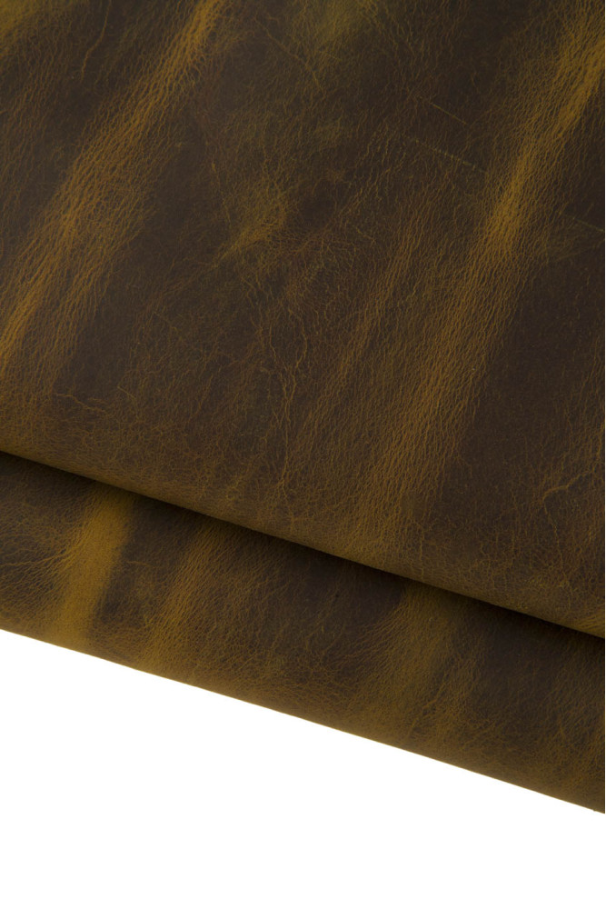 Brown yelloow PULL UP leather hide, smooth thick vintage cowhide, sporty calfskin, 1.7 - 1.8 mm