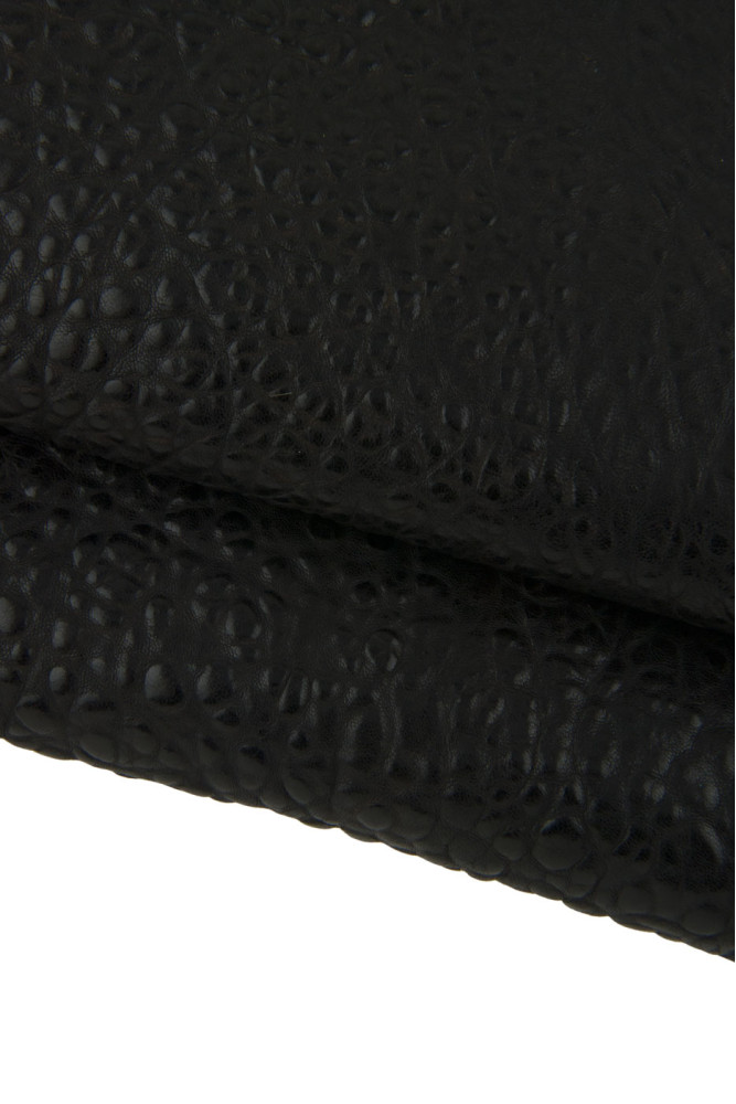 Black BUBBLE printed sheepskin, glossy sporty leather hide, soft embossed lambskin for crafting