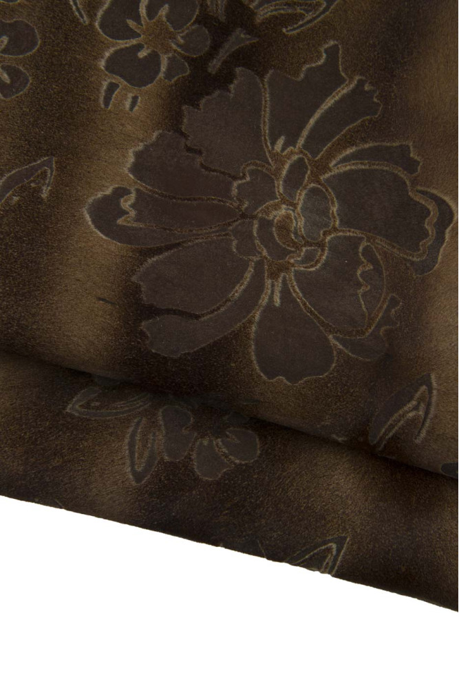 Brown FLORAL textured hair on leather hide, flower print on soft pony calfskin