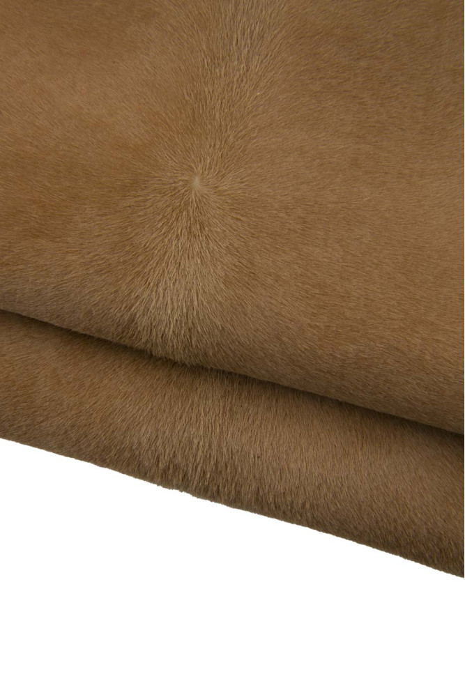 Tan brown HAIR ON leather hide, solid color soft pony calfskin, cowhide for crafting