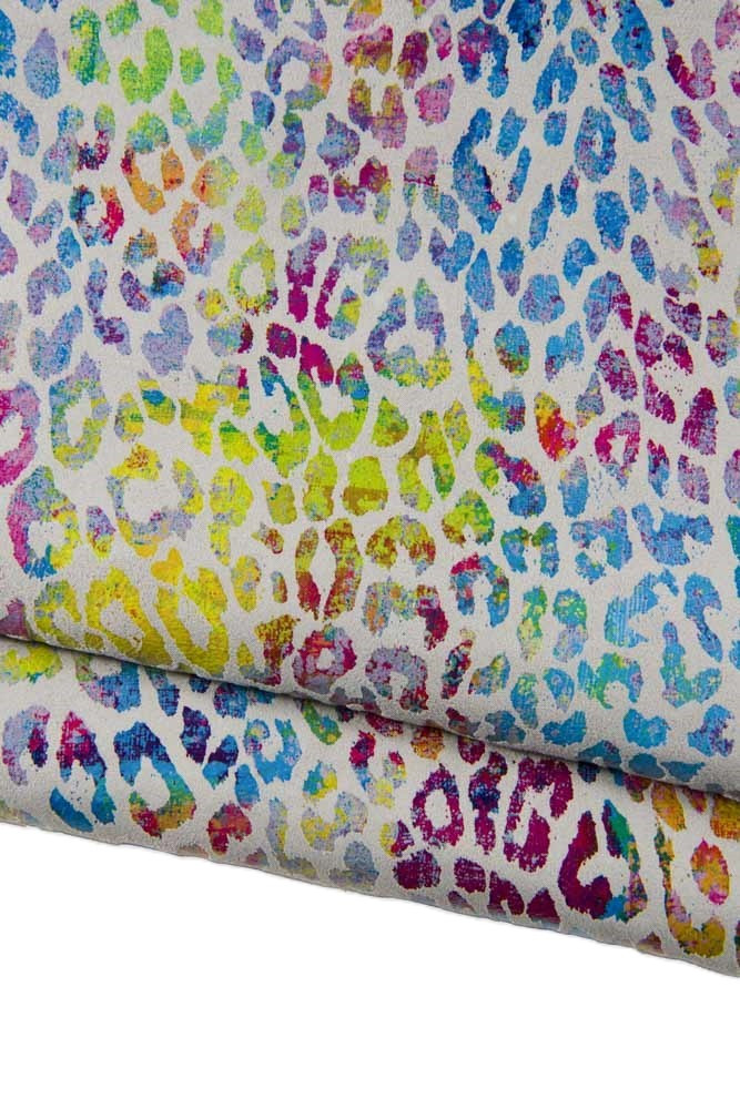 Multicolor LEOPARD printed leather skin, light grey suede goatskin with animal cheetah texture, soft vivid material