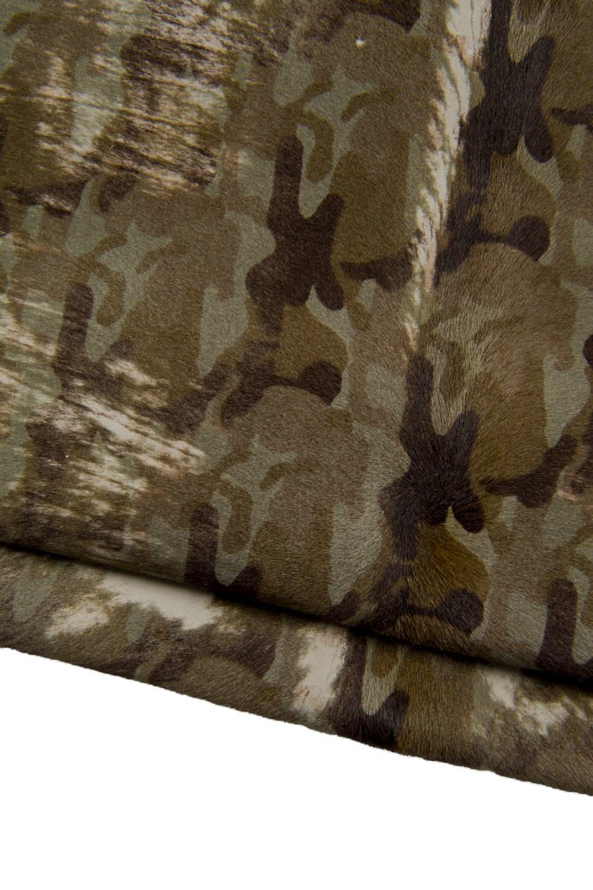 CAMOUFLAGE textured hair on leather hide, vintage distressed pony calfskin perfect for DIY projects