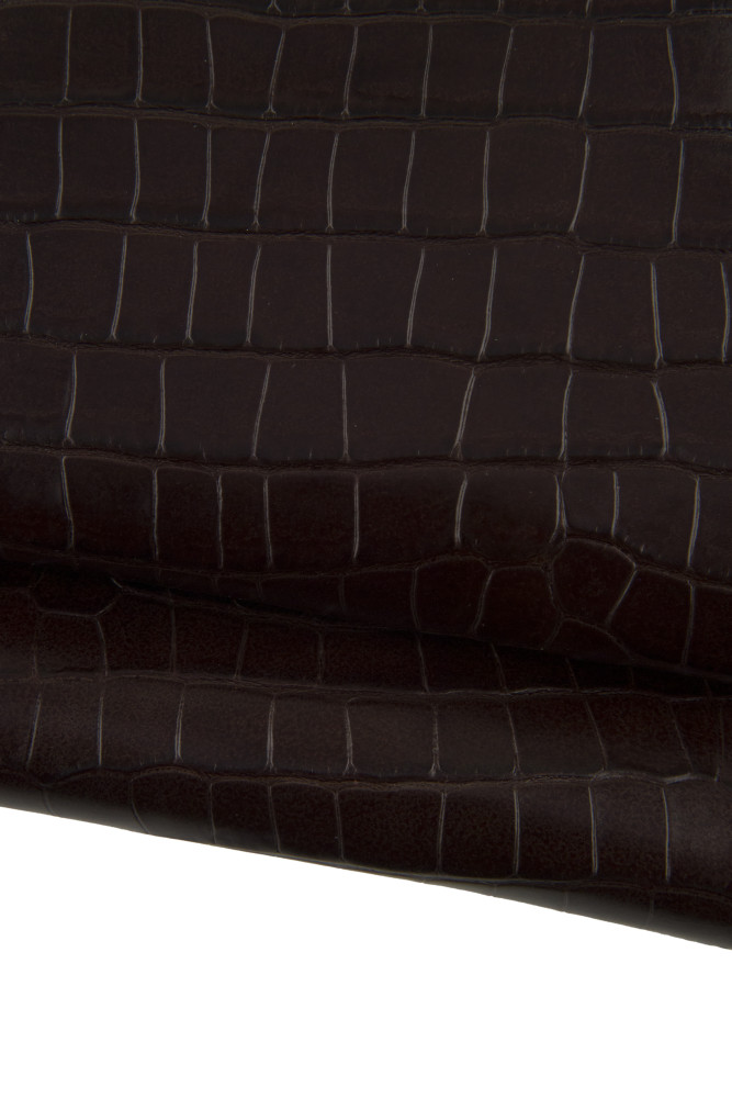 Brown CROCODILE embossed leather hide, animal printed glossy cowhide, calfskin 0.9 - 1.0 mm medium softness