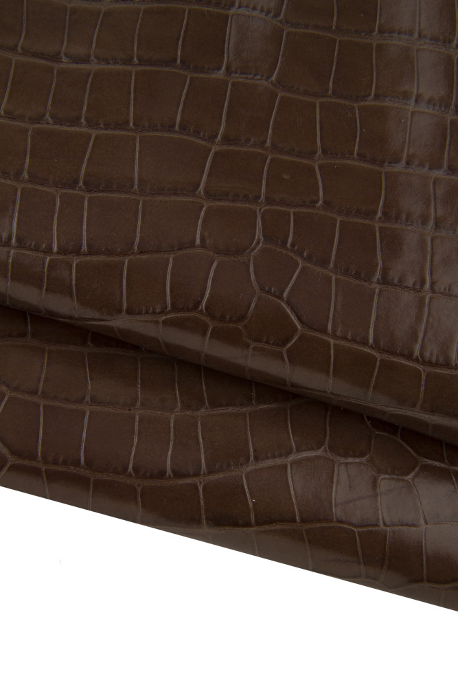 Brown crocodile EMBOSSED leather hide, animal printed cowhide, glossy calfskin, 0.9 - 1.0 mm for DIY projects