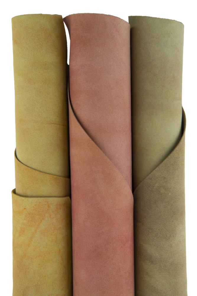 Boundle of 3 SUEDE kangaroo skins, red yellow green vintage leather hides, shaded soft skins as per picture