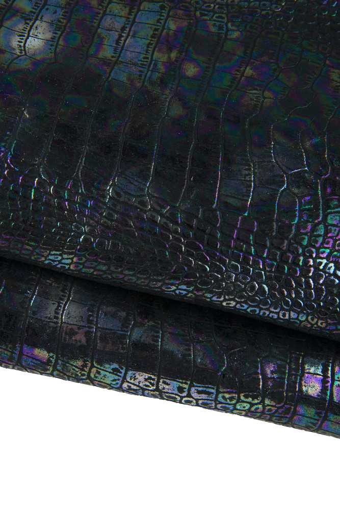 Black HOLOGRAPHIC crocodile leather hide, embossed metallic cowhide animal printed calfskin