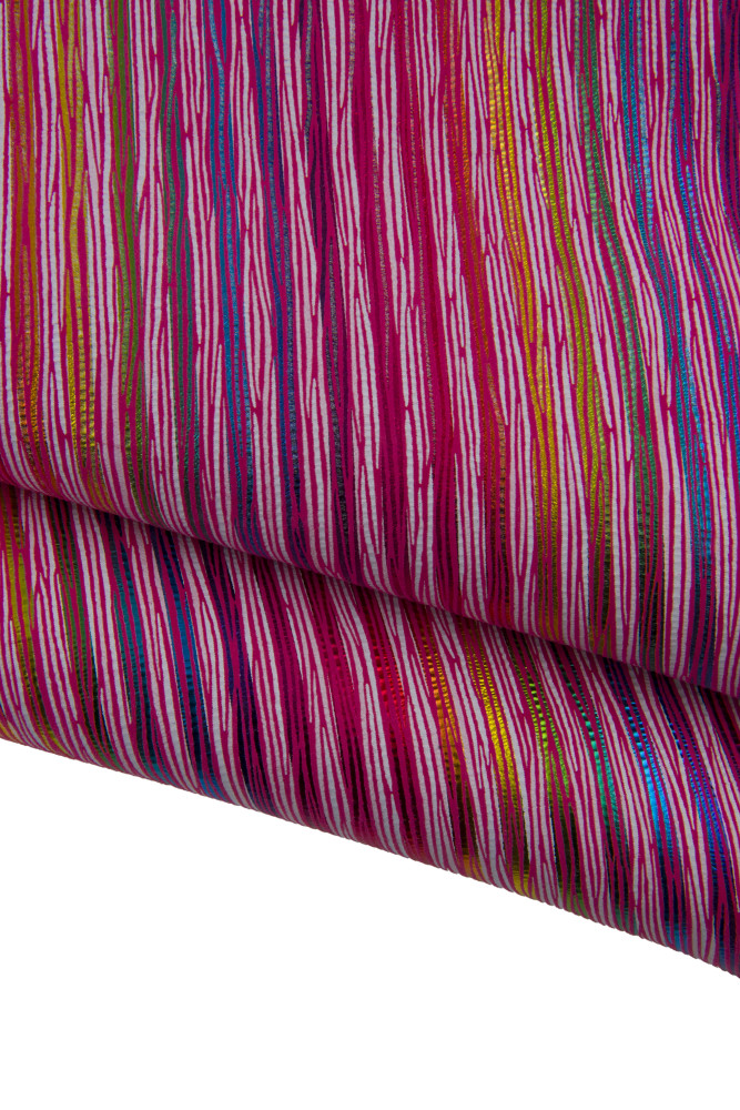 Multicolor STRIPED leather skin, pink suede goatskin with rainbow print ideal for crafting