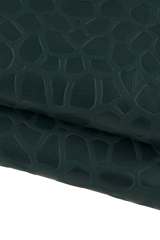 Dark green GIRAFFE printed leather hide, animal textured cowhide, semi glossy soft calfskin