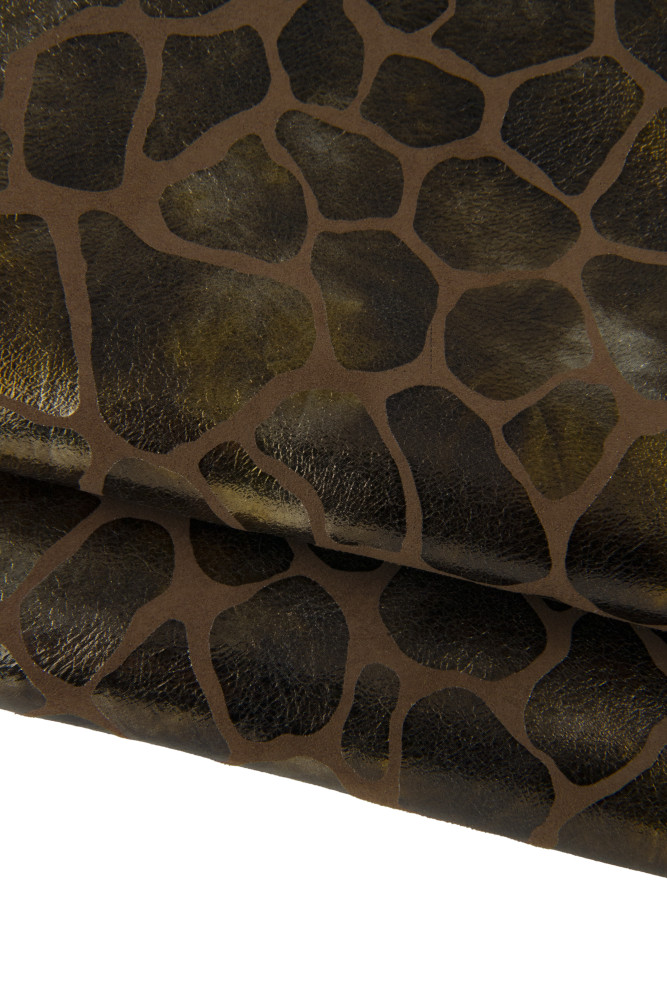 Bronze brown GIRAFFE printed leather skin, metallic animal textured goatskin hide, for hibbyists