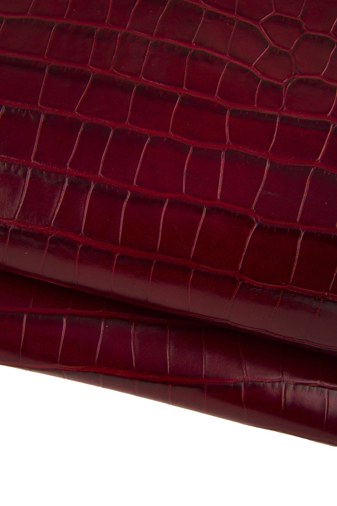 Dark red CROCODILE embossed leather hide, classic glossy cowhide, animal printed calfskin for crafters