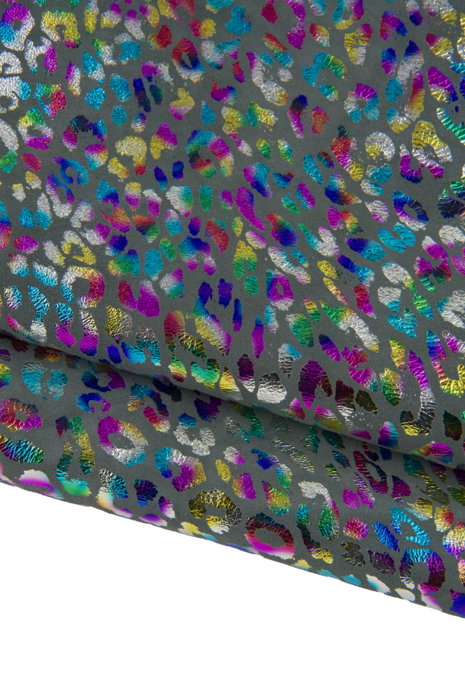 Multicolor LEOPARD print on grey suede leather skin, metallic animal printed hide