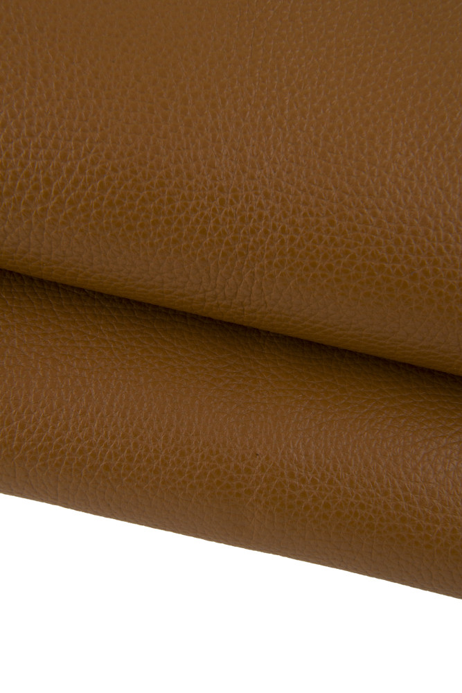 Tan GRAINY leather hide, brown pebble grain printed cowhide, soft semi glossy calfskin, 1.5 - 1.6 mm