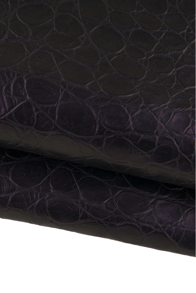 Purple CROCODILE leather hide, metallic embossed cowhide, alligator printed soft calfskin for crafters