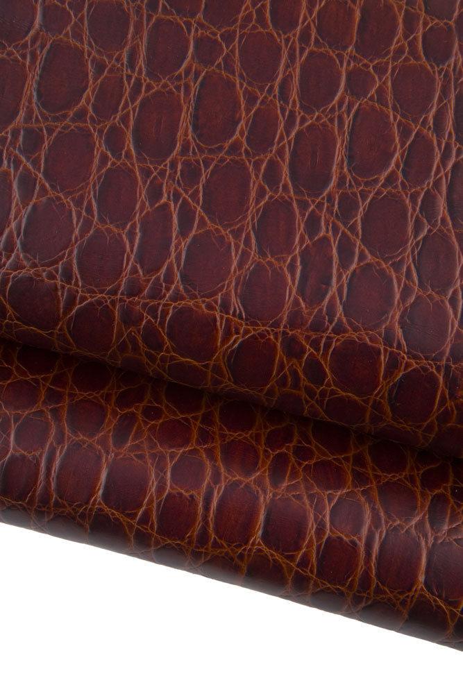 Reddish brown CROCODILE embossed leather hide, animal printed cowhide soft semi glossy calfskin 0.8 - 1.0 mm