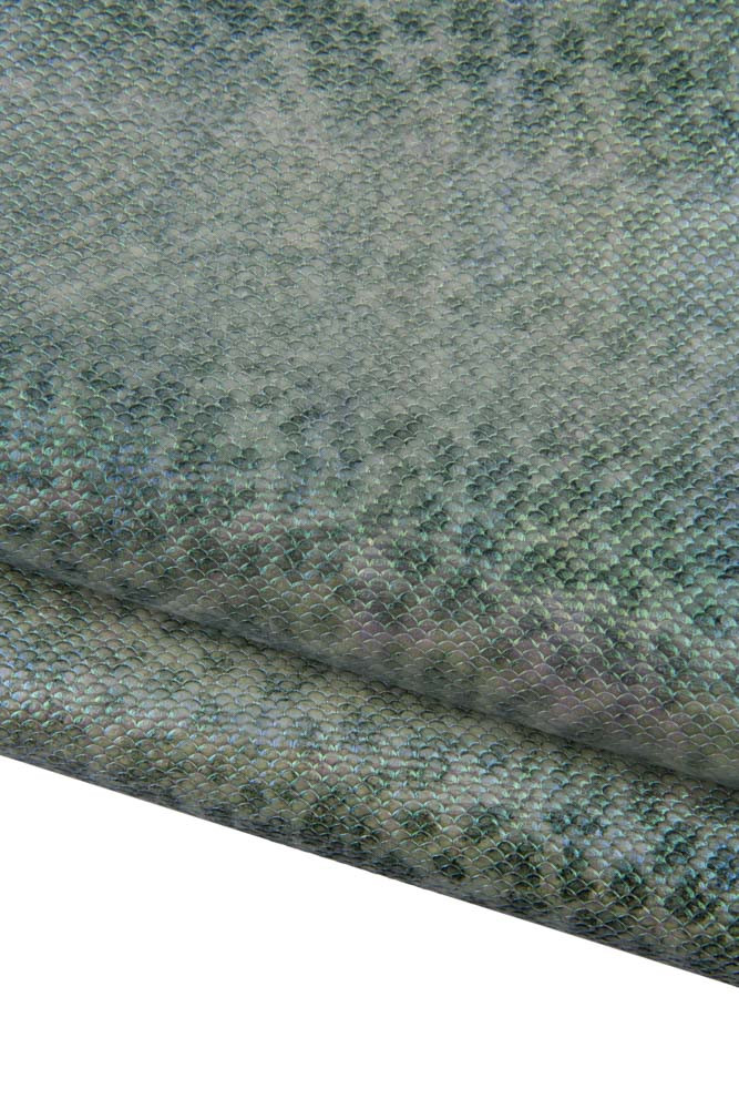 Green REPTILE embossed leather hide, metallic python pattern on calfskin, snake printed cowhide for hobbyists