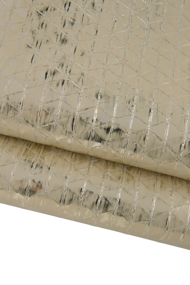 Light gold METALLIC leather hide, geometrical printed goatskin, soft bleached skin