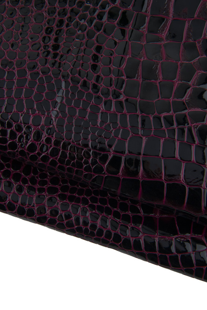 Burgundy CROCODILE embossed leather hide, animal printed patent calfskin, glossy soft cowhide 1.3 - 1.5 mm