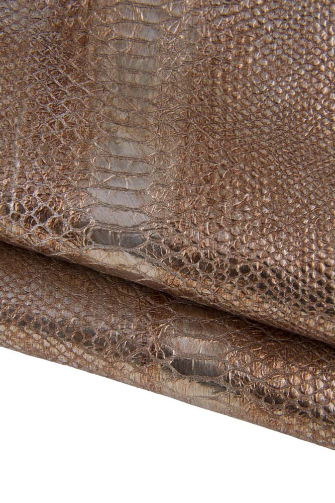 Bronze REPTILE printed leather skin, metallic python snake embossed soft goatskin hide