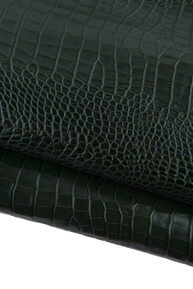 Dark green CROCODILE embossed cowhide leather, classic glossy animal printed calfskin, 0.8 - 1.0 mm for crafters