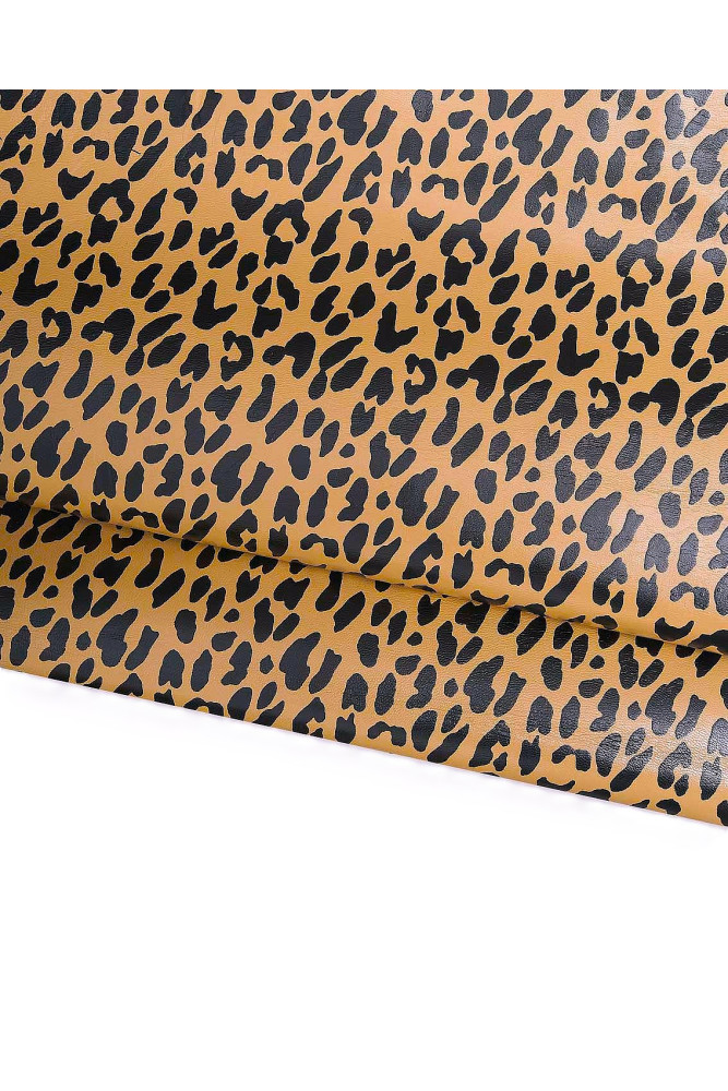 LEOPARD printed leather skin, black cheetah pattenr on beige goatskin, glossy animal printed hide