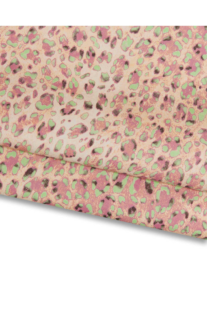 Pink green leopard textured leather skin, animal printed sheepskin, CHEETAH pattern on soft hide, for crafters