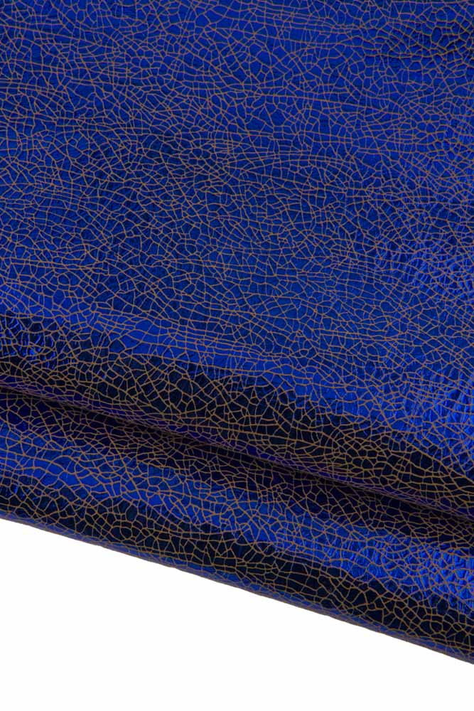 Electric blue CRACKLED leather skin, metallic printed soft goatskin, hide for DIY projects 0.7 - 0.9 mm