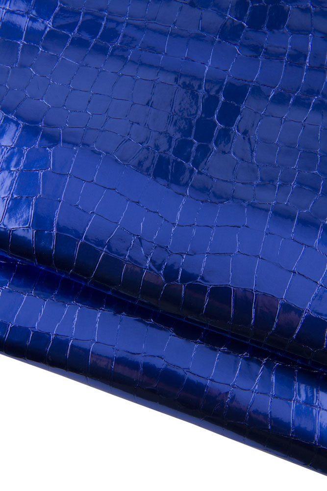 Blue CROCODILE embossed leather skin, animal printed metallic goatskin, soft hide for crafters