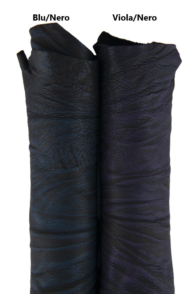 WRINKLED leather skin, blue/black and purple/black sporty soft goatskin, cortex like printed hide