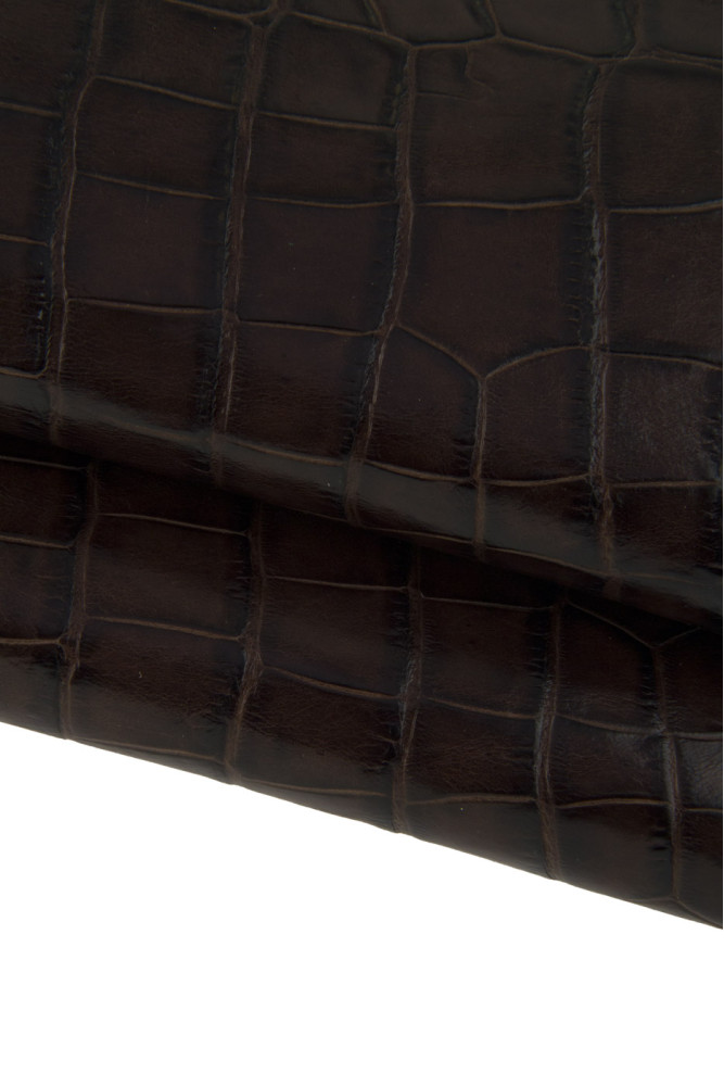 Brown CROCODILE embossed leather hide, animal printed glossy calfskin, stiff cowhide 0.8 - 1.0 mm