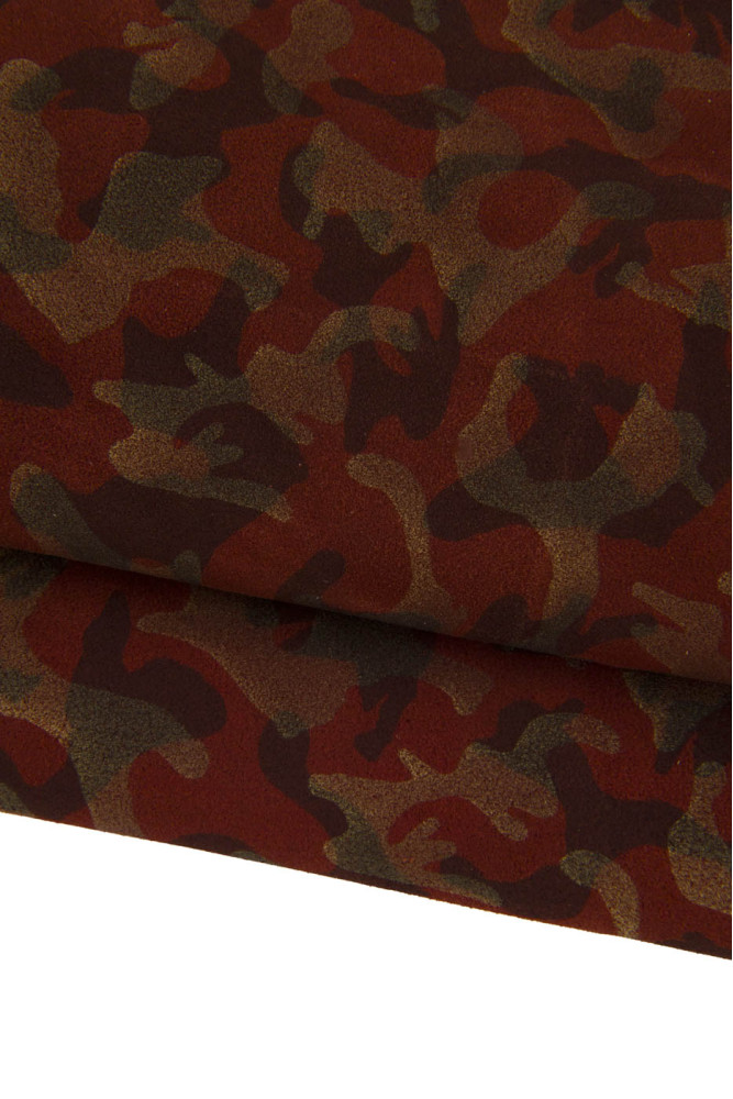 CAMOUFLAGE textured leather hide, bronze brown military print on rust suede split calfskin