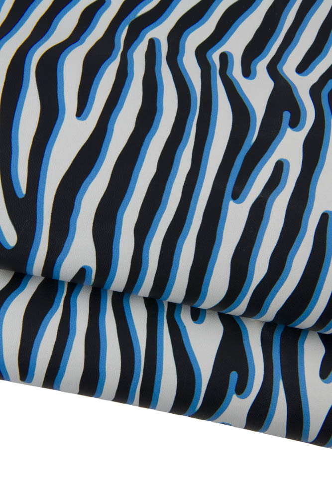 Blue black ZEBRA textured on white leather hide, animal printed soft sheepskin nappa, ideal for hobbyists