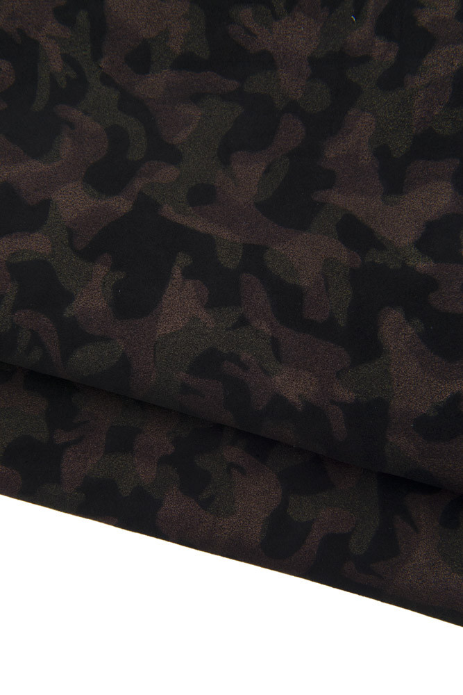 Pelle CAMOUFLAGE laminata, vitello scamosciato nero con stampa militare glitter bronzo marrone