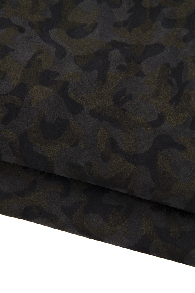 CAMOUFLAGE textured leather hide, grey and glitter bronze military print on split suede cowhide, 1.2 - 1.3 mm