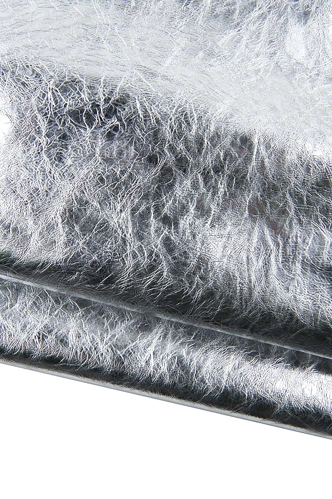 Silver METALLIC leather skin, sparkle wrinkled goatskin, soft bright hide 0.8 - 1.0 mm