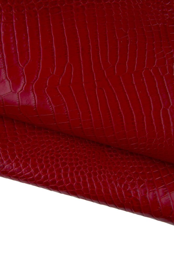 Red CROCODILE embossed leather hide, glossy animal printed cowhide, quite stiff, ideal for bags